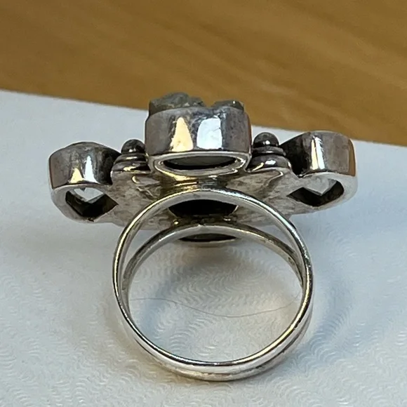 Vintage Arya 925 Sterling Silver Prasiolite Seraphinite and Pyrite Ring Size 7.5 - Picture 2 of 5